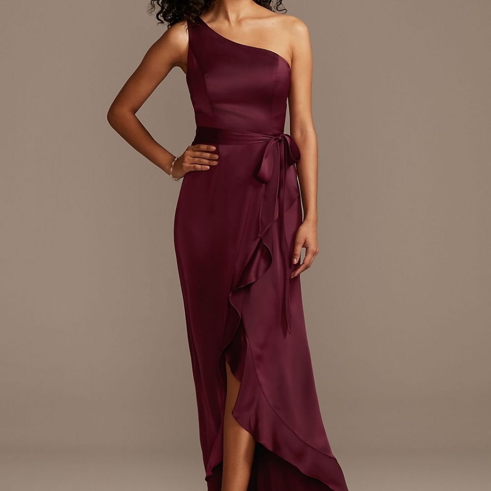 Lavender David's Bridal Shoulder Crepe Ruffle Tall Bridesmaid Dress Size 12